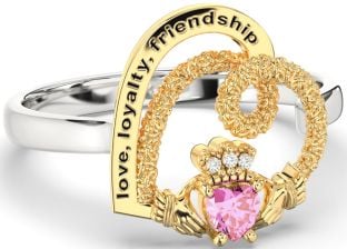 Diamond Pink Tourmaline White Yellow Gold Irish "Love, Loyalty, & Friendship" Heart Claddagh Ring