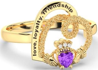 Diamond Amethyst Gold Irish "Love, Loyalty, & Friendship" Heart Claddagh Ring