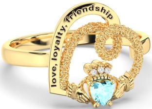 Diamond Aquamarine Gold Irish "Love, Loyalty, & Friendship" Heart Claddagh Ring