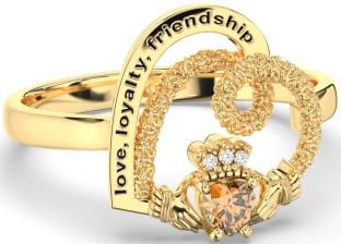 Diamond Citrine Gold Irish "Love, Loyalty, & Friendship" Heart Claddagh Ring