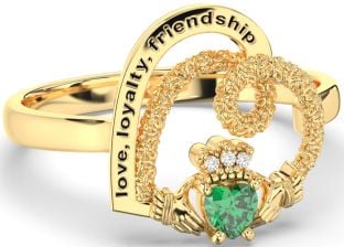 Diamond Emerald Gold Irish "Love, Loyalty, & Friendship" Heart Claddagh Ring