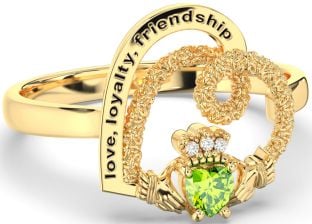 Diamond Peridot Gold Irish "Love, Loyalty, & Friendship" Heart Claddagh Ring