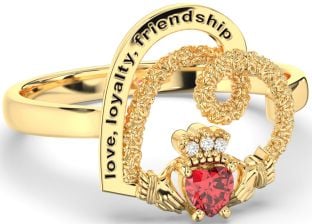 Diamond Ruby Gold Irish "Love, Loyalty, & Friendship" Heart Claddagh Ring