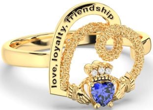 Diamond Sapphire Gold Irish "Love, Loyalty, & Friendship" Heart Claddagh Ring