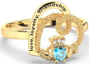 Diamond Topaz Gold Irish "Love, Loyalty, & Friendship" Heart Claddagh Ring