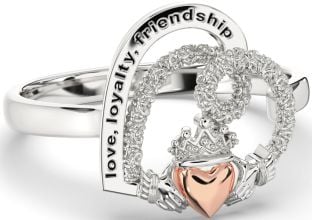 Rose Gold Silver Heart Claddagh Irish "Love, Loyalty, & Friendship" Ring