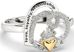 White Yellow Gold Heart Claddagh Irish "Love, Loyalty, & Friendship" Ring