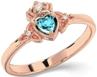 Diamond Aquamarine Rose Gold Silver Claddagh Celtic Trinity Knot Ring