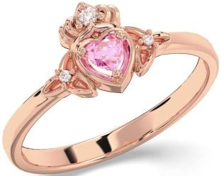 Diamond Pink Tourmaline Rose Gold Silver Claddagh Celtic Trinity Knot Ring