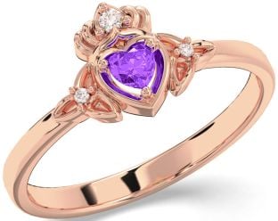 Diamant Ametyst Rosa Guld Claddagh Keltisk Treenighed Knude Ring