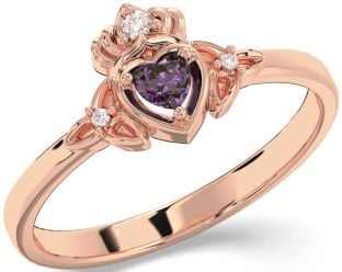 Diamond Alexandrite Rose Gold Claddagh Celtic Trinity Knot Ring