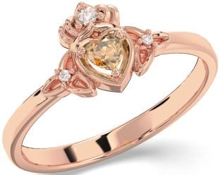 Diamond Citrine Rose Gold Claddagh Celtic Trinity Knot Ring