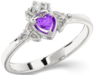 Diamond Amethyst Silver Claddagh Celtic Trinity Knot Ring