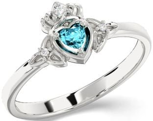 Diamond Aquamarine Silver Claddagh Celtic Trinity Knot Ring