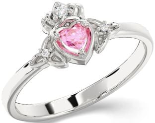 Diamond Pink Tourmaline Silver Claddagh Celtic Trinity Knot Ring