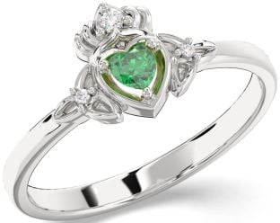 Diamond Emerald White Gold Claddagh Celtic Trinity Knot Ring