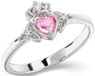 Diamond Pink Tourmaline White Gold Claddagh Celtic Trinity Knot Ring