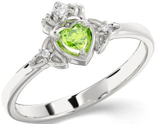 Diamant Peridot Bílý Zlato Claddaghová keltský Trojice Uzel Prsten