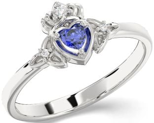 Diamond Sapphire White Gold Claddagh Celtic Trinity Knot Ring