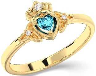 Diamond Aquamarine Gold Claddagh Celtic Trinity Knot Ring