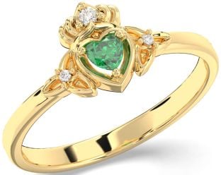 Diamond Emerald Gold Claddagh Celtic Trinity Knot Ring