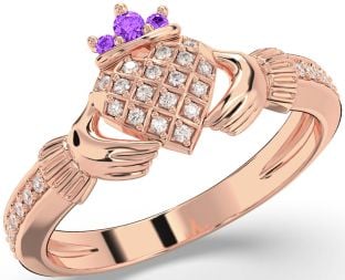 Diamond Amethyst Rose Gold Silver Claddagh Ring