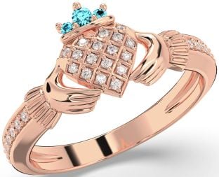 Diamond Aquamarine Rose Gold Silver Claddagh Ring