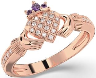 Diamond Alexandrite Rose Gold Silver Claddagh Ring