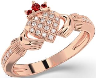 Diamond Garnet Rose Gold Silver Claddagh Ring