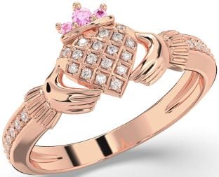 Diamond Pink Tourmaline Rose Gold Silver Claddagh Ring