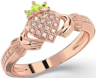 Diamond Peridot Rose Gold Silver Claddagh Ring