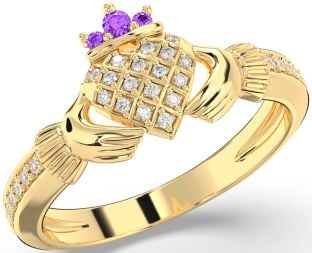 Diamond Amethyst Gold Silver Claddagh Ring