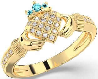 Diamond Aquamarine Gold Silver Claddagh Ring