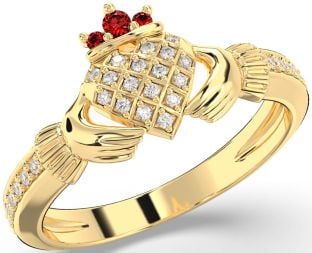 Diamond Garnet Gold Silver Claddagh Ring