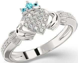 Diamond Aquamarine Silver Claddagh Ring