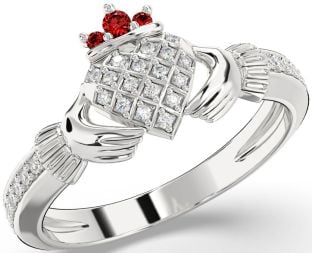 Diamond Garnet Silver Claddagh Ring