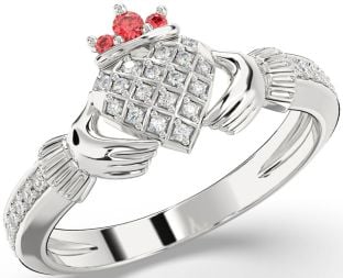 Diamond Ruby Silver Claddagh Ring