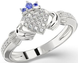 Diamond Sapphire Silver Claddagh Ring