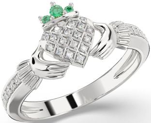 Diamond Emerald White Gold Claddagh Ring