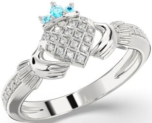 Diamond Topaz White Gold Claddagh Ring