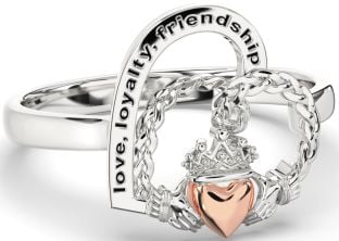 Rose Gold Silver Heart Claddagh Irish "Love, Loyalty, & Friendship" Ring