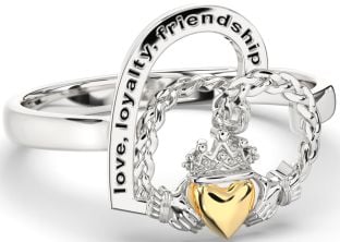 Gold Silver Heart Claddagh Irish "Love, Loyalty, & Friendship" Ring