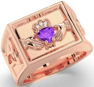 Diamond Amethyst Rose Gold Silver Celtic Claddagh Trinity Knot Ring Mens Ladies Unisex