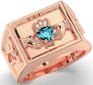 Diamond Aquamarine Rose Gold Silver Celtic Claddagh Trinity Knot Ring Mens Ladies Unisex