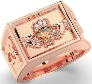 Diamond Citrine Rose Gold Silver Celtic Claddagh Trinity Knot Ring Mens Ladies Unisex