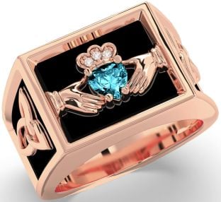 Diamond Aquamarine Rose Gold Silver Black Rhodium Celtic Claddagh Trinity Knot Ring Mens Ladies Unisex