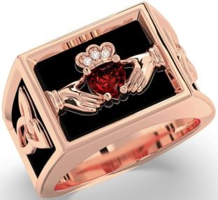 Diamond Garnet Rose Gold Silver Black Rhodium Celtic Claddagh Trinity Knot Ring Mens Ladies Unisex