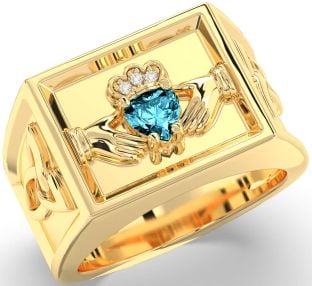 Diamond Aquamarine Gold Silver Celtic Claddagh Trinity Knot Ring Mens Ladies Unisex