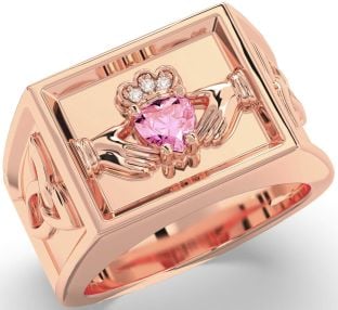 Diamond Pink Tourmaline Rose Gold Celtic Claddagh Trinity Knot Ring Mens Ladies Unisex