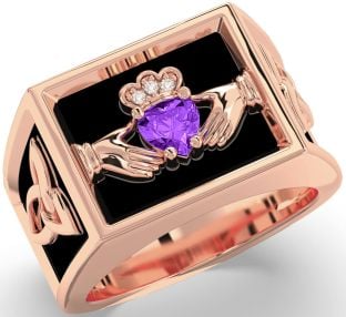 Diamond Amethyst Rose Gold Black Rhodium Celtic Claddagh Trinity Knot Ring Mens Ladies Unisex